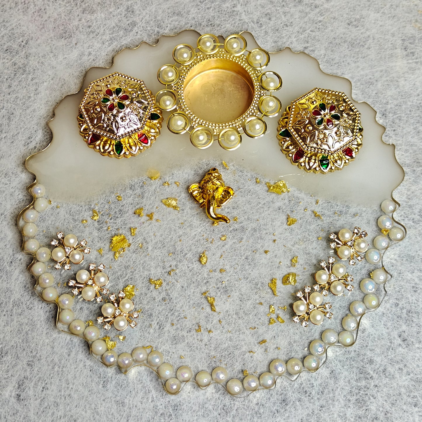 Elegant Pearl Resin Pooja Thali (8inch)